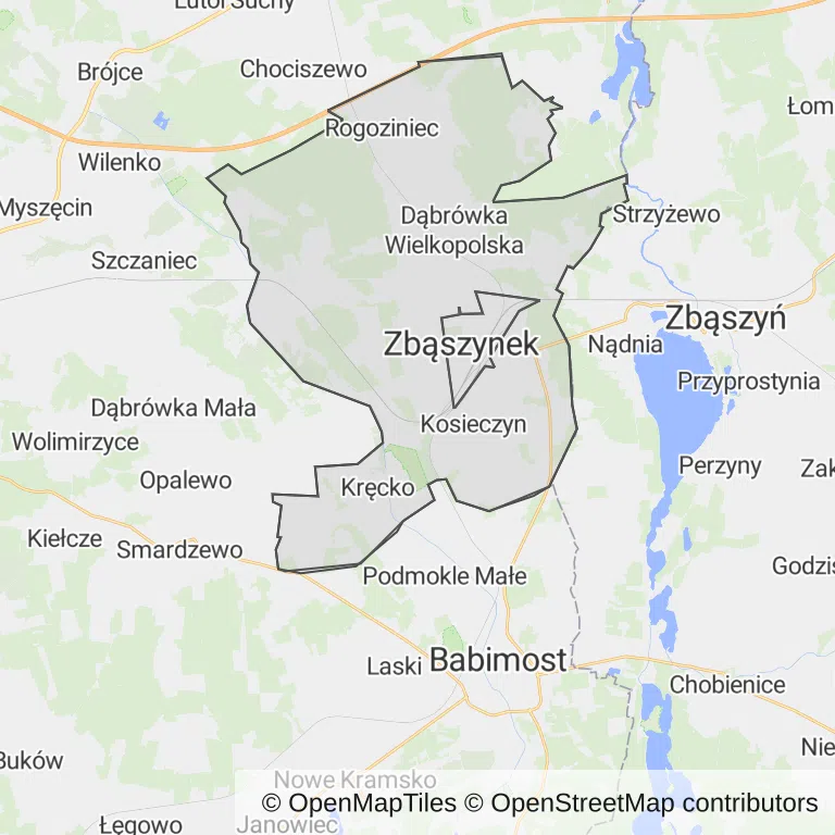 Mapa z zaznaczonym Zbąszynkiem