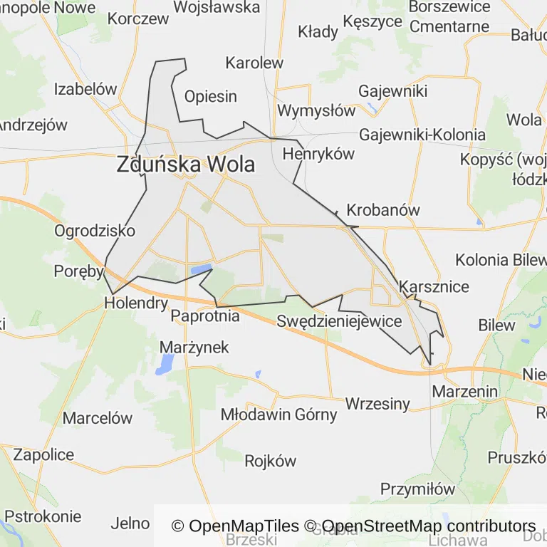 Mapa z zaznaczoną Zduńskiej Woli
