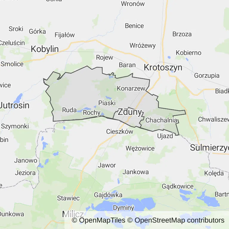 Mapa z zaznaczonym Zdunami