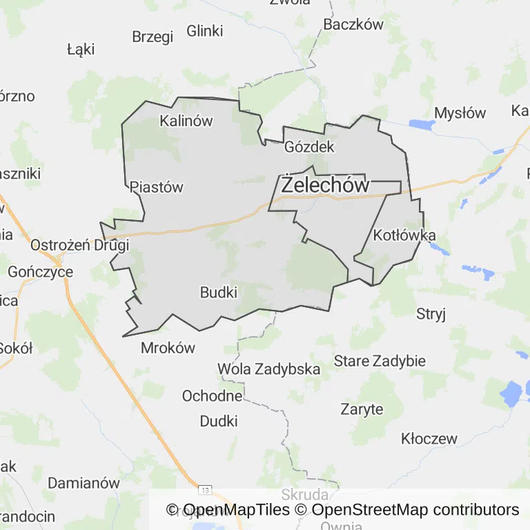 Mapa z zaznaczonym Żelechowem