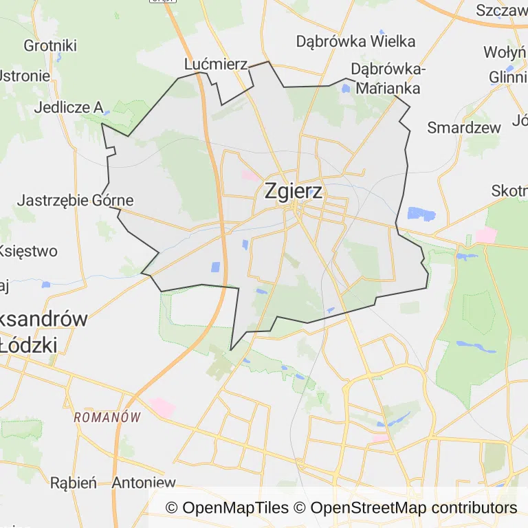 Mapa z zaznaczonym Zgierzem