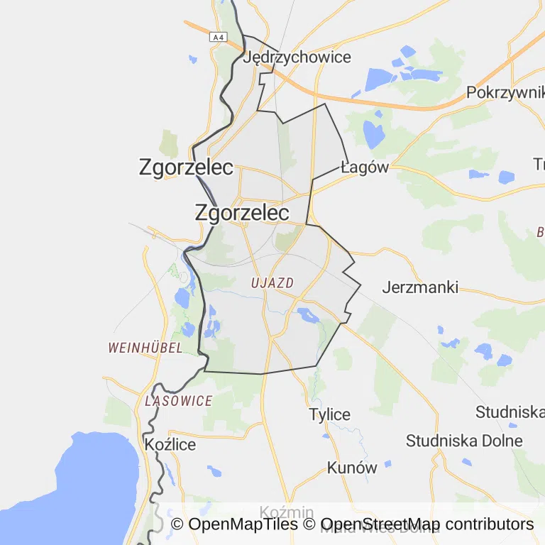 Mapa z zaznaczonym Zgorzelcu