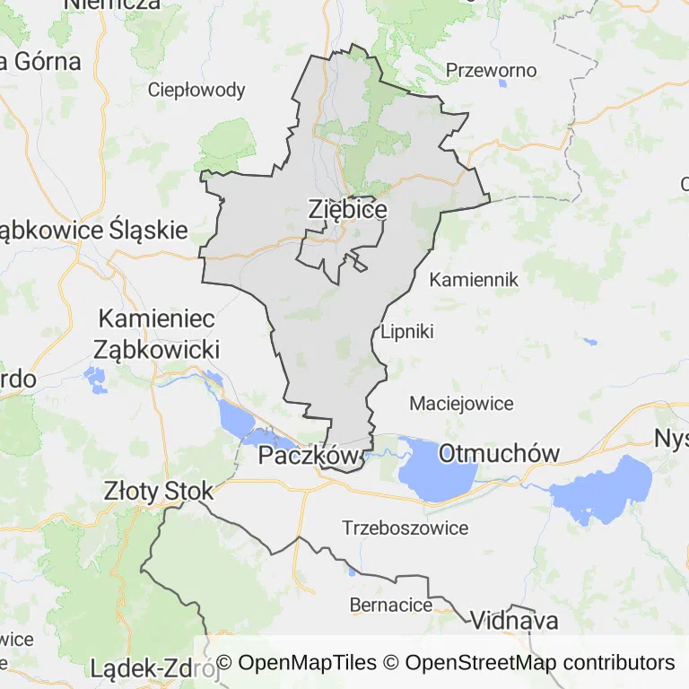 Mapa z zaznaczonymi Ziębicami