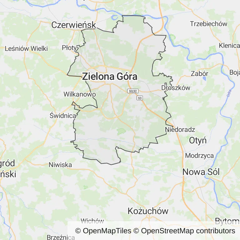 Mapa z zaznaczoną Zieloną Górą