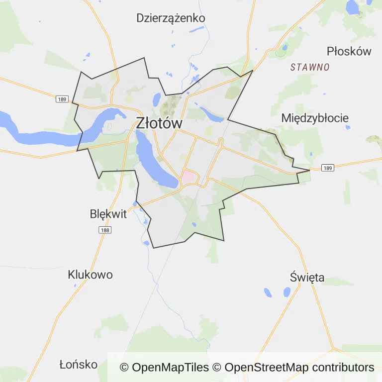 Mapa z zaznaczonym Złotowem