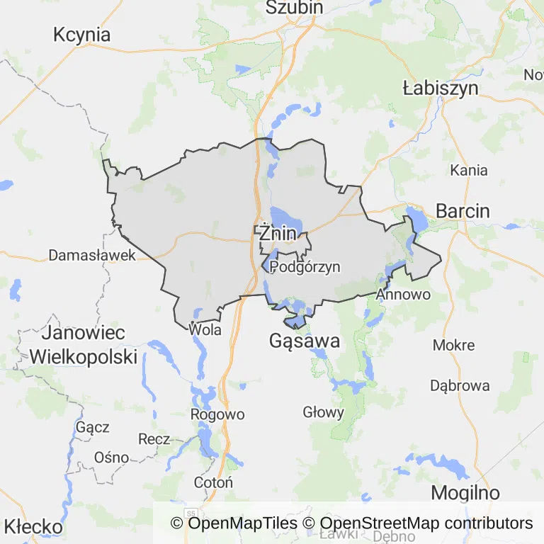 Mapa z zaznaczonym Żninem