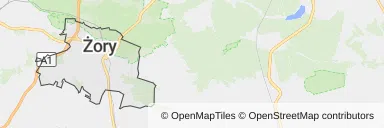 Mapa z zaznaczonym Żorami