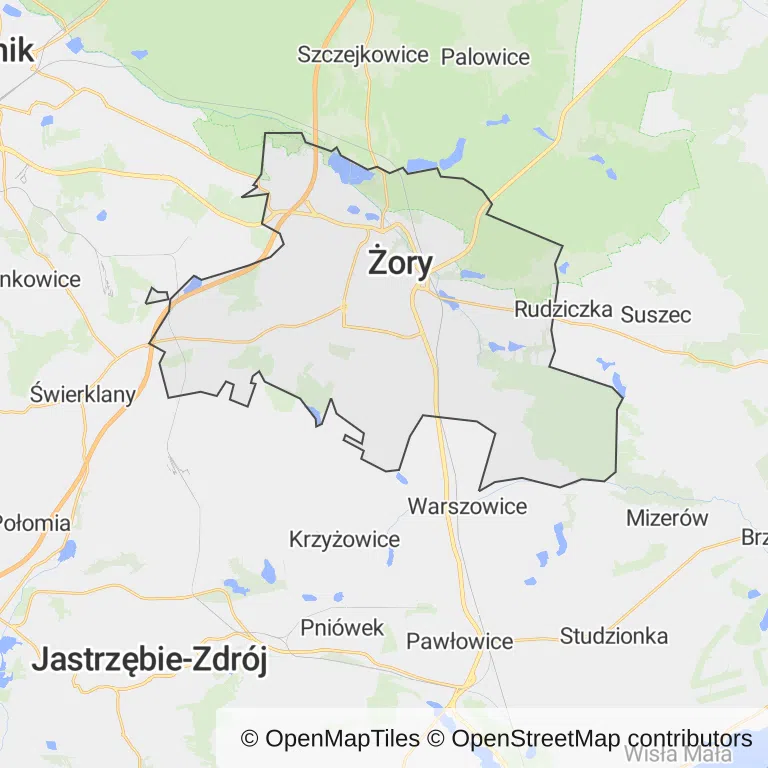 Mapa z zaznaczonym Żorami
