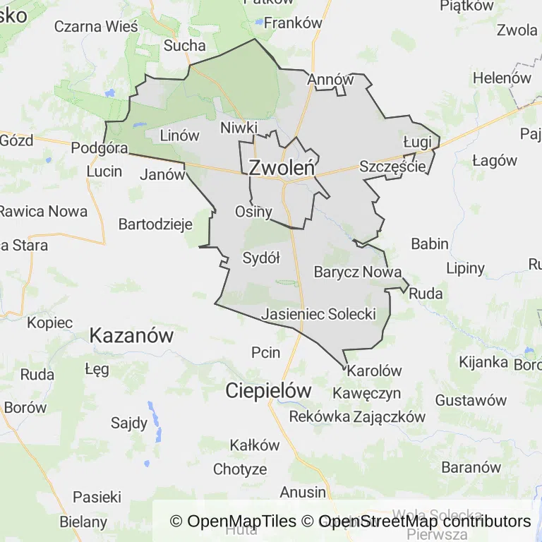 Mapa z zaznaczonym Zwoleniu