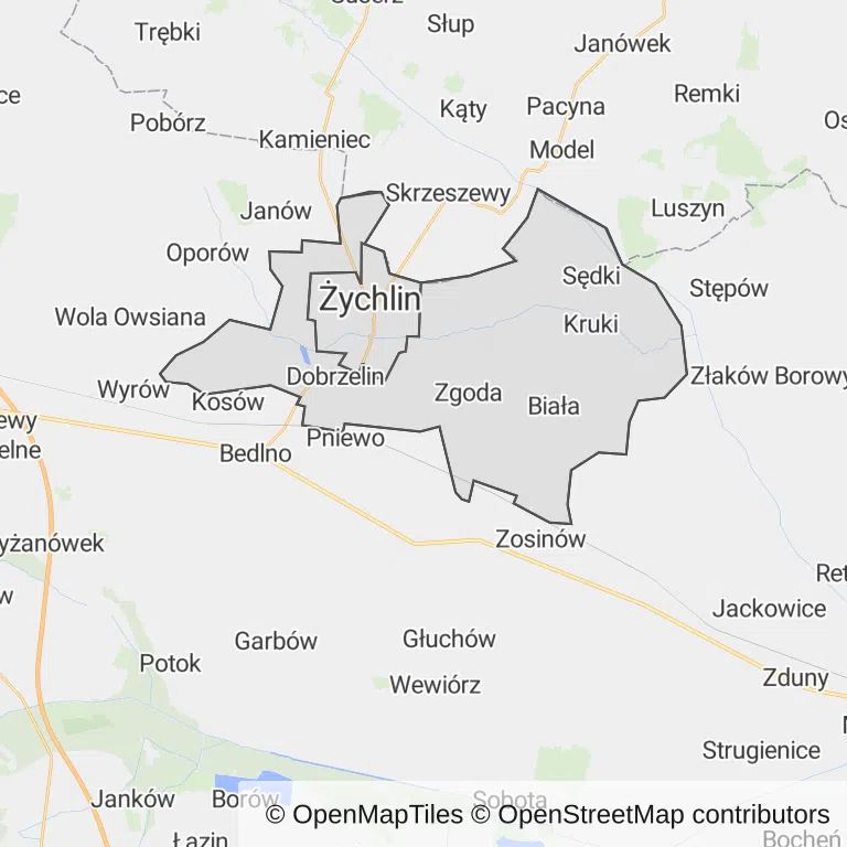 Mapa z zaznaczonym Żychlinem