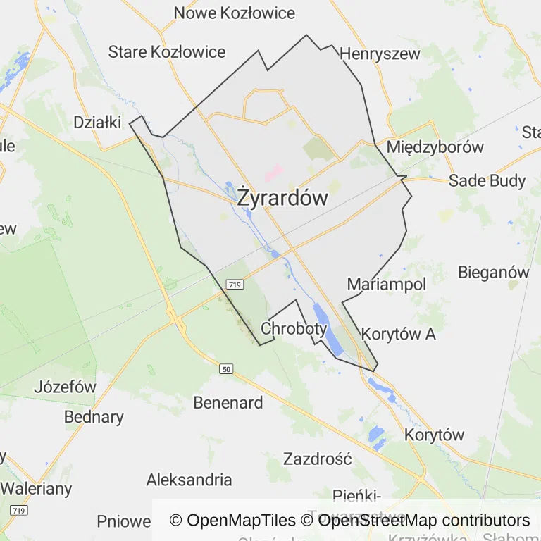 Mapa z zaznaczonym Żyrardowem