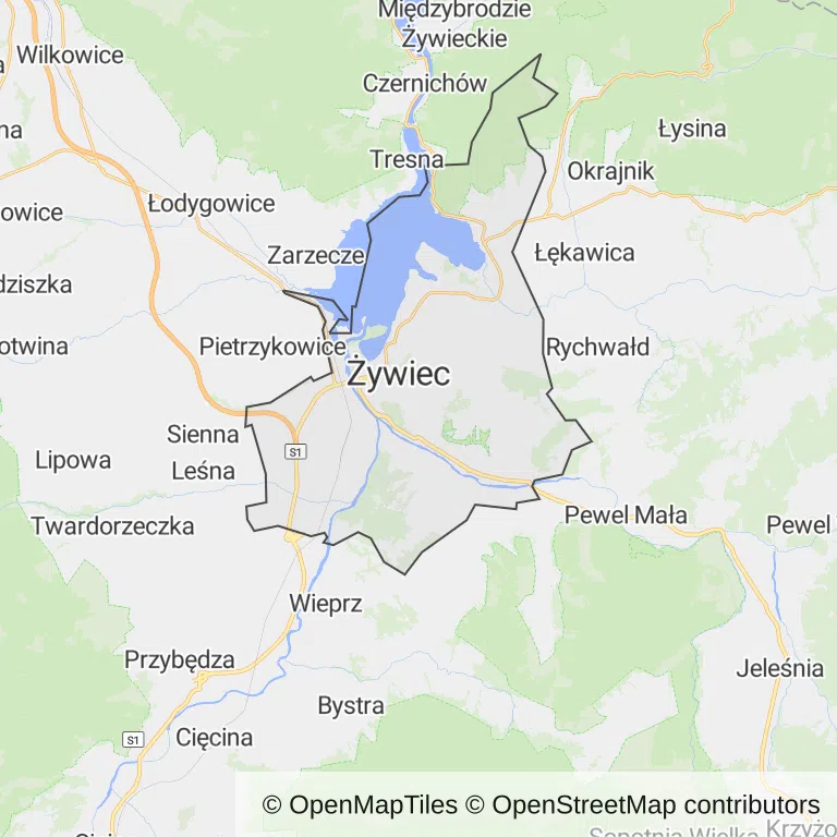 Mapa z zaznaczonym Żywcu